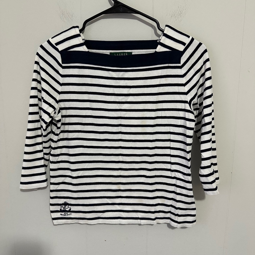 Lauren Ralph Lauren Striped Boat Neck Top Navy White Anchor Logo Small - Picture 1 of 9